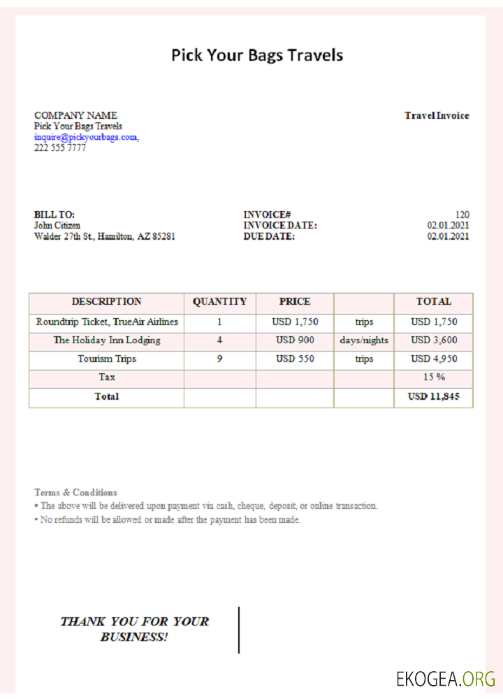 Facture de voyage USA Pick Your Bags